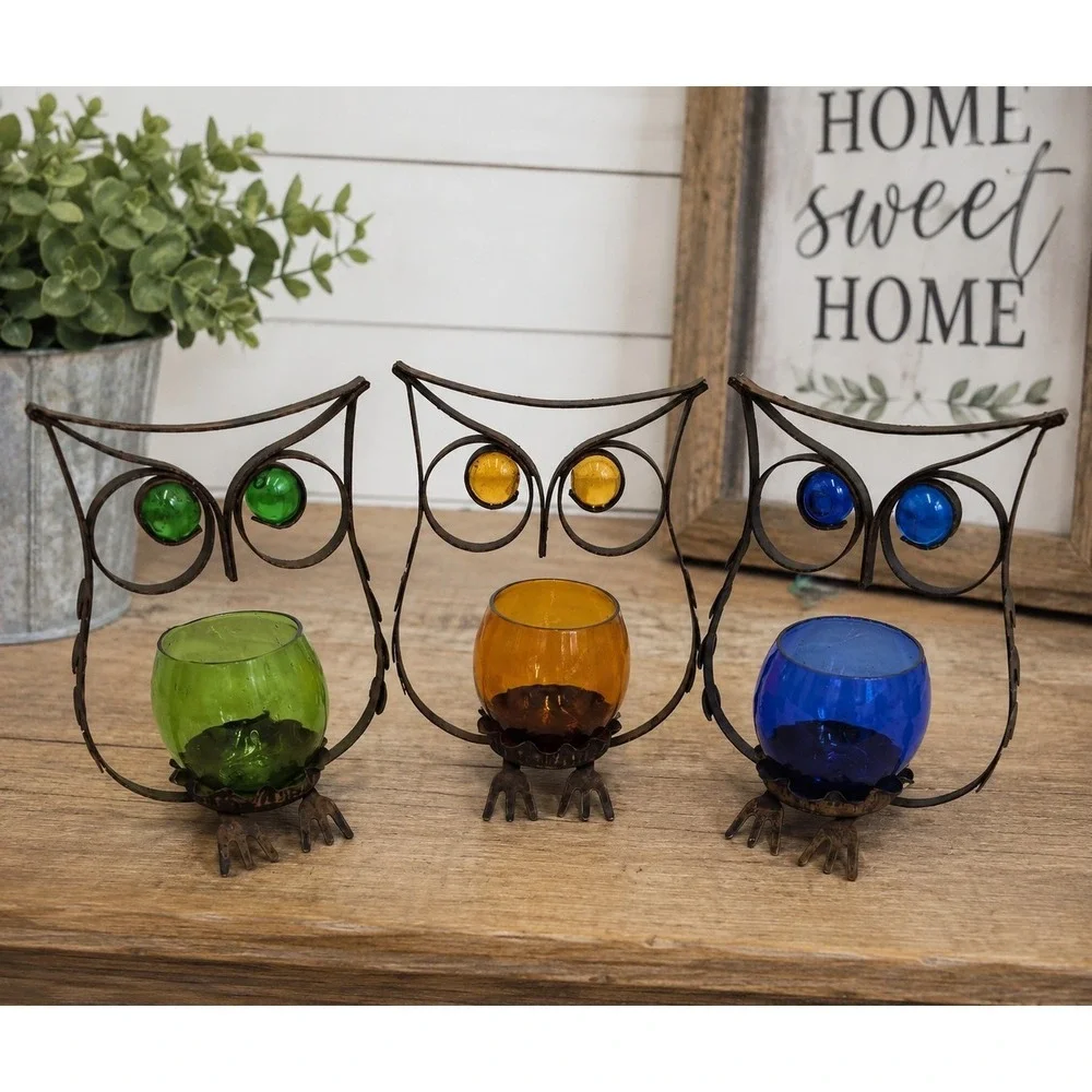 3 Metal Owl Tealight Votive Candle Holder w/Glass Candle Holder Farmhouse